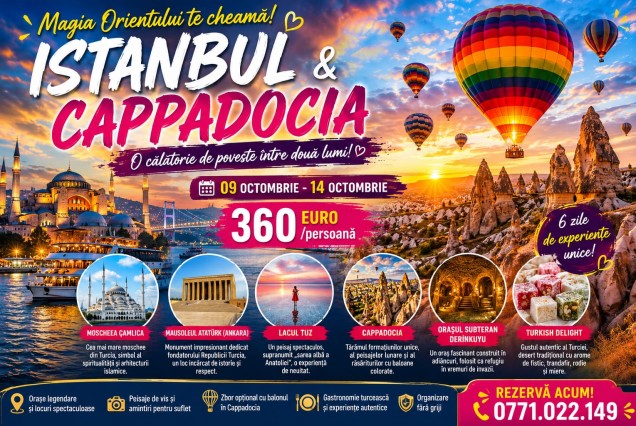 Între Două Continente și Tărâmul Baloanelor – Marele Circuit al Istanbulului & Cappadociei, 09 Octombrie – 14 Octombrie, 360 Euro / persoană